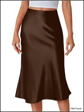 Satin High Waist Flowy Midi A-Line Skirt for Work
